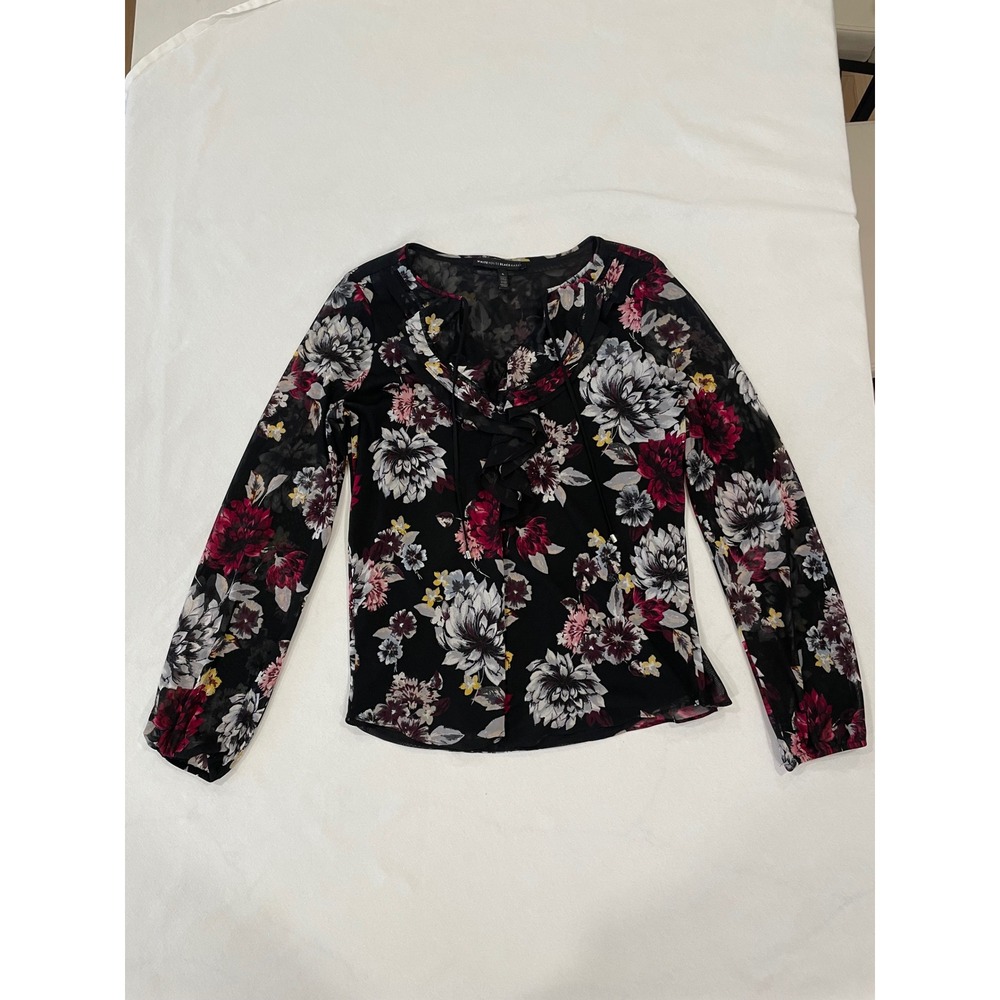 White House Black Market Floral Mesh Ruffle Tie Neck Blouse Black Burgundy Small - Picture 3 of 8